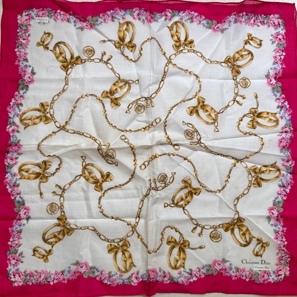 Dior White and Pink Silk Scarf with Gold Chain Design - Picture 1 of 9